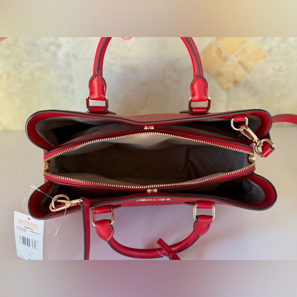 Michael Kors Camille LG Satchel Shoulder Bag MK Red Multi - Picture 6 of 11